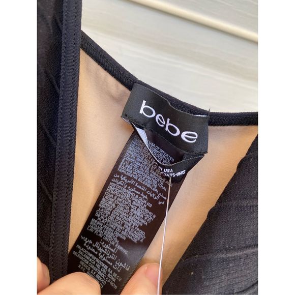 Bebe NWT Open Stitch Stripe Dress- Bodycon Black/Nude, Size Small, MSRP $69 - Picture 3 of 9